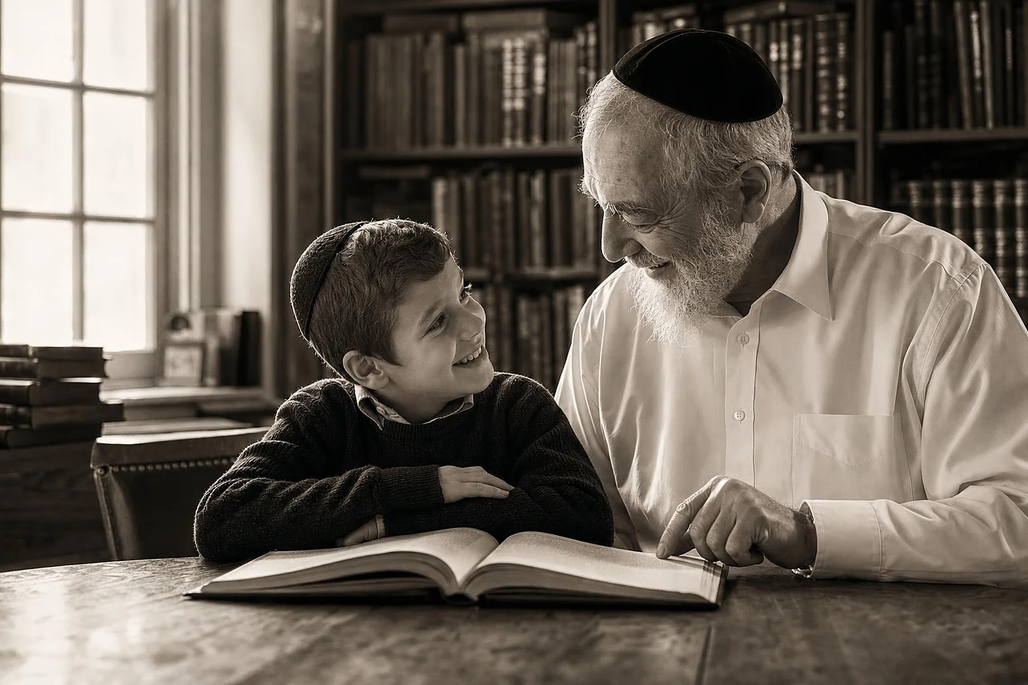 A grandfather and his grandson smiling at each other over an open book in a book-lined study