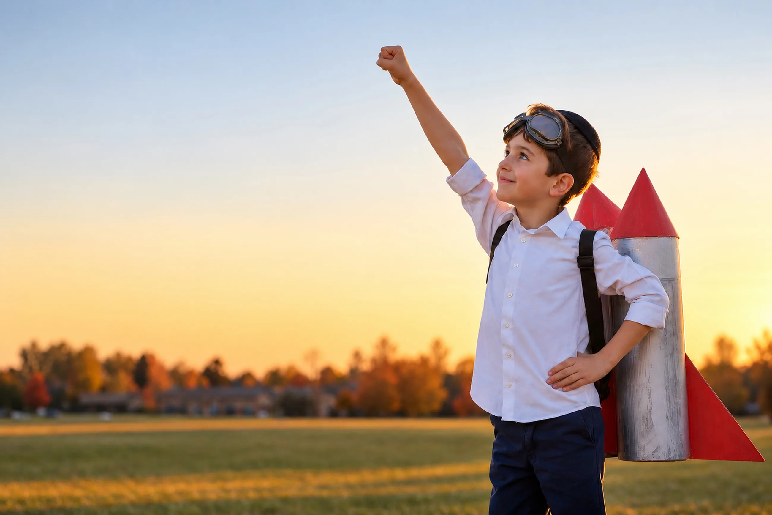 A boy with a home-made rocket pack on his back punching his fist to the sky on a school field at sunset