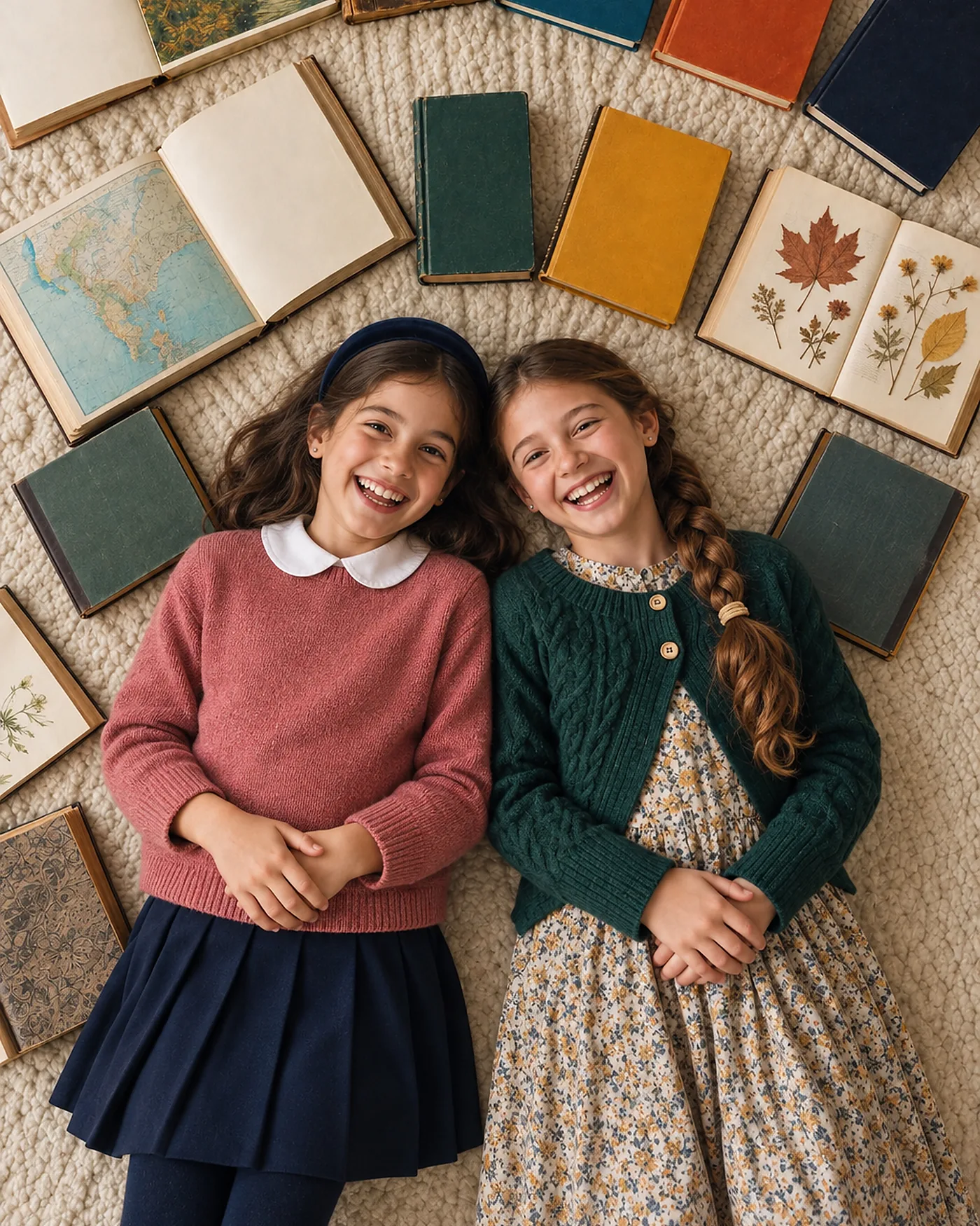 Two girls lying on a rug laughing, open books fanned around them