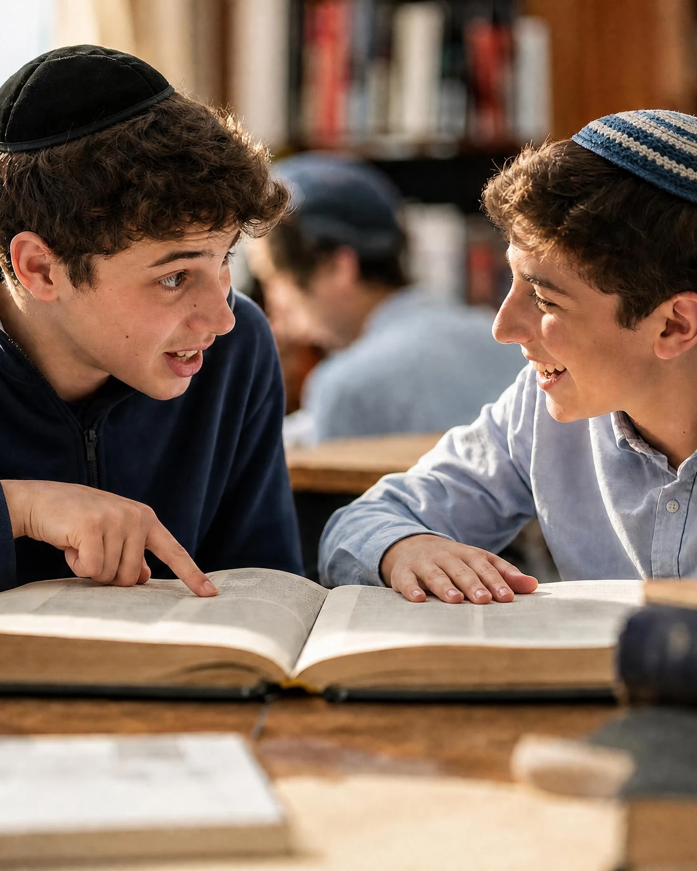 Two boys in kippahs talking over an open book in a school study hall