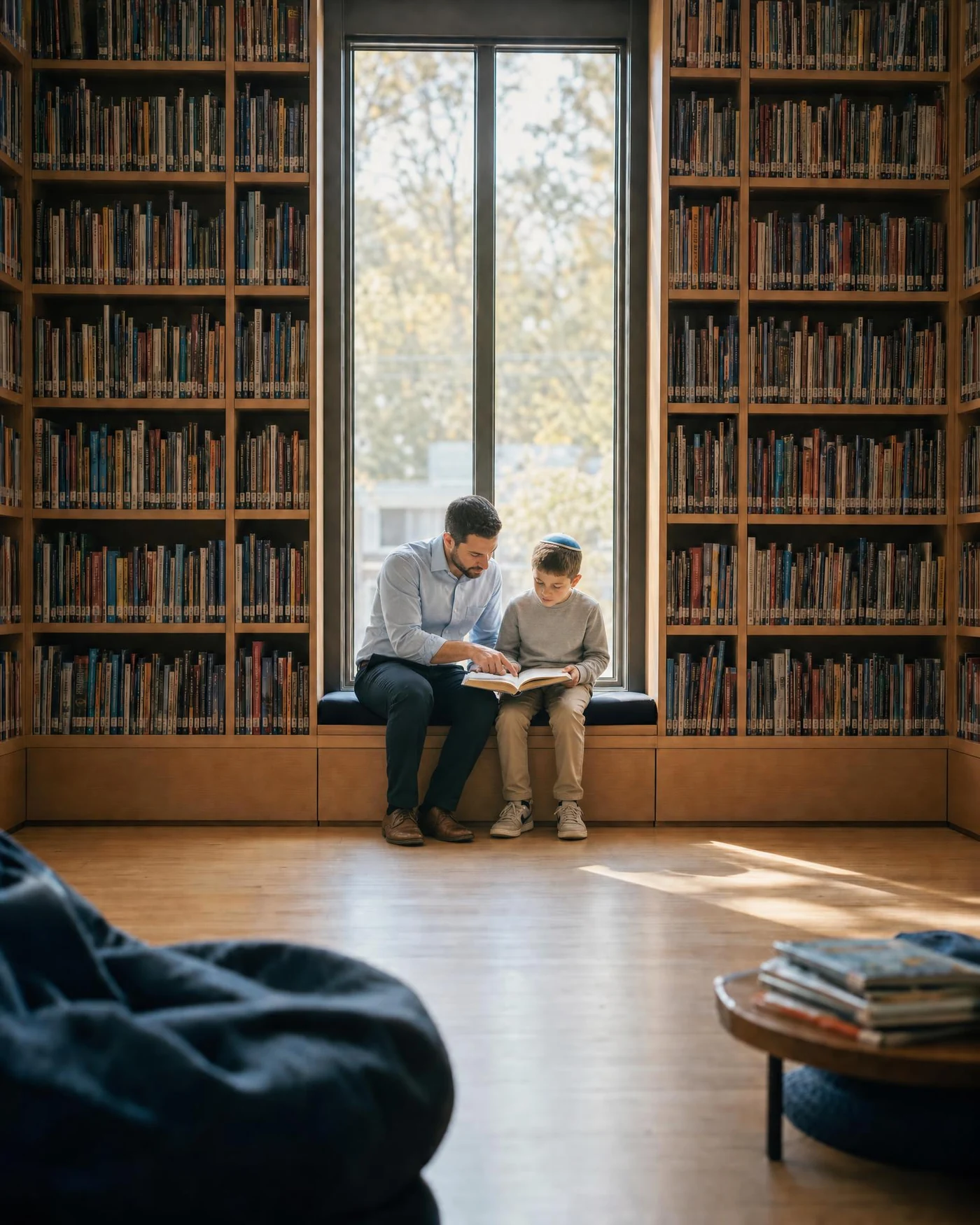 A tutor and a boy reading one book together on a window bench in a school library