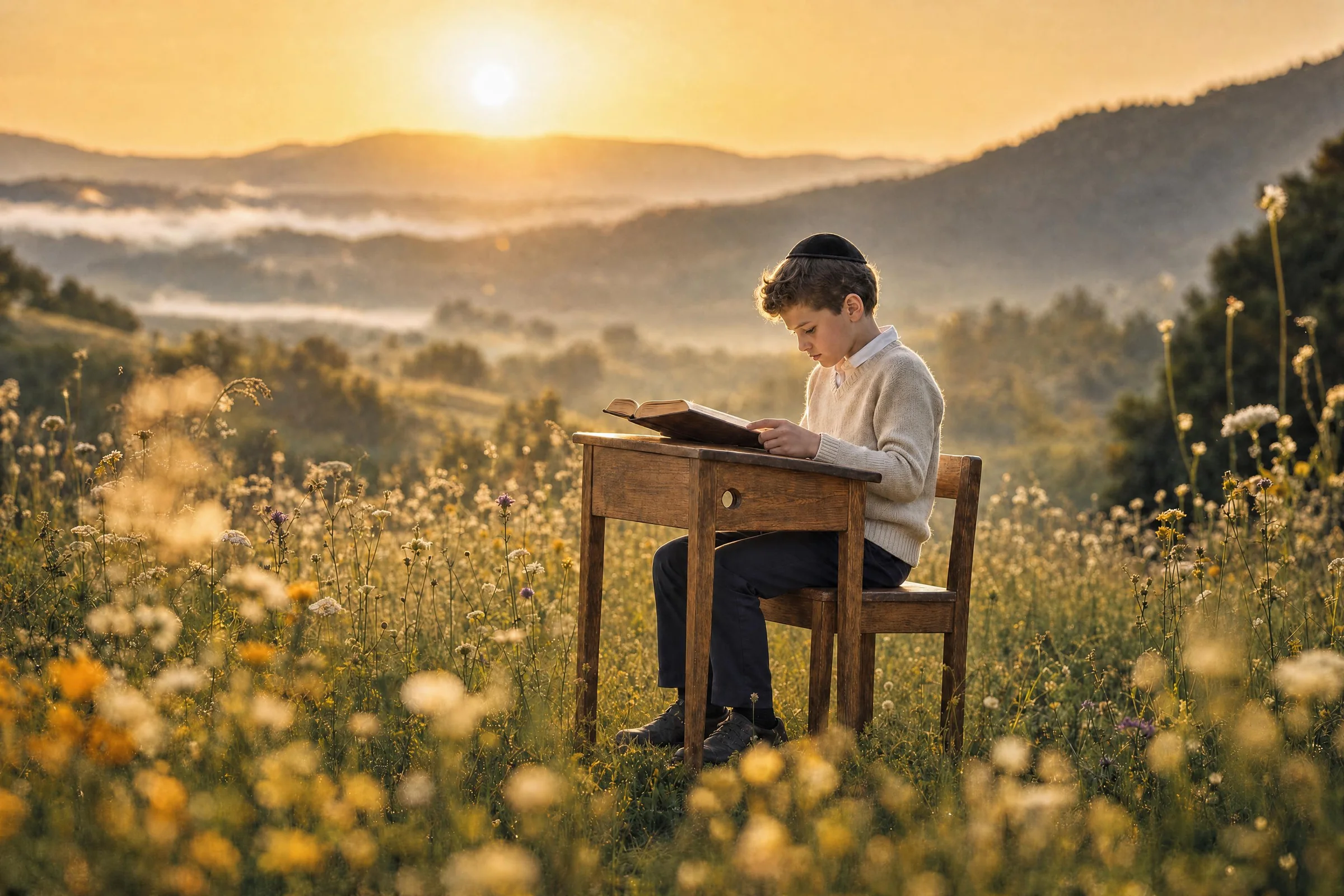 A boy in a kippah reading at a wooden school desk set in a wildflower meadow at sunrise