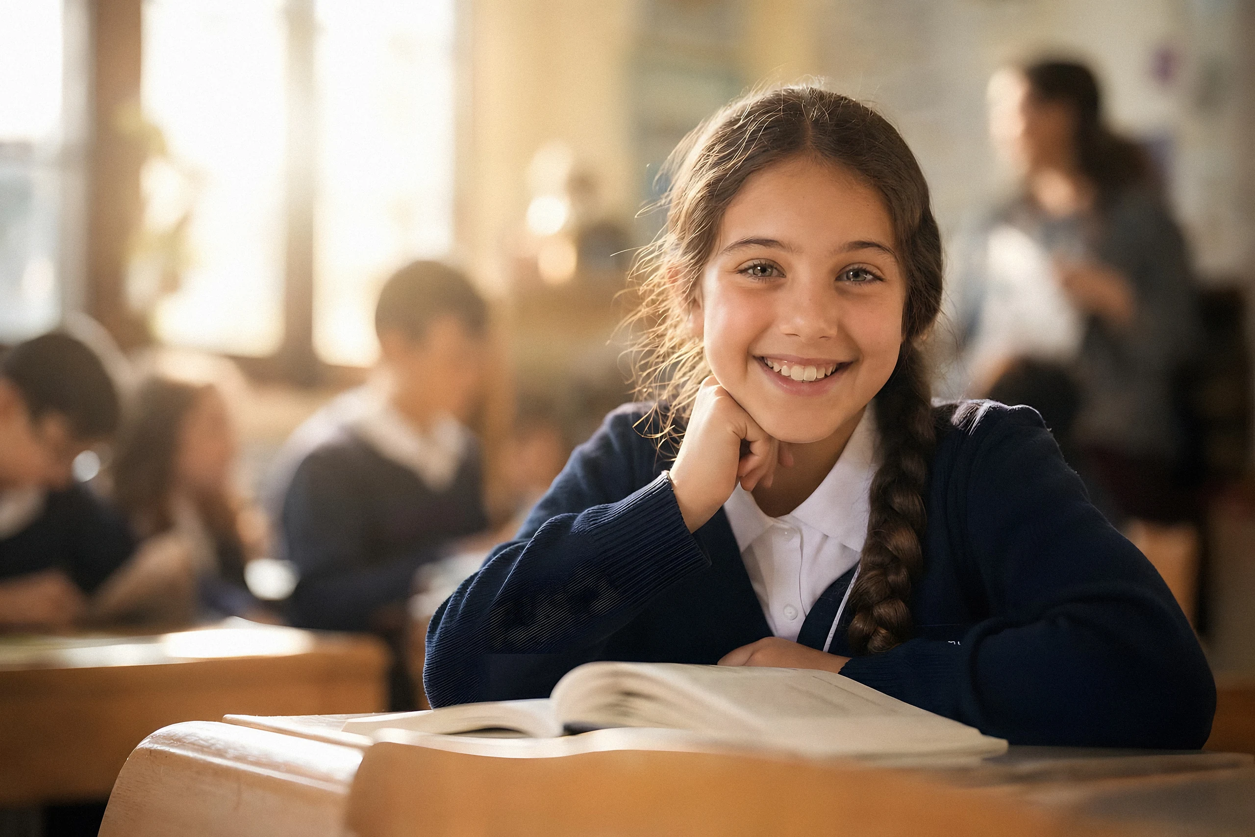 A smiling girl with a braid at her desk in a sunlit Jewish day school classroom, an open book in front of her