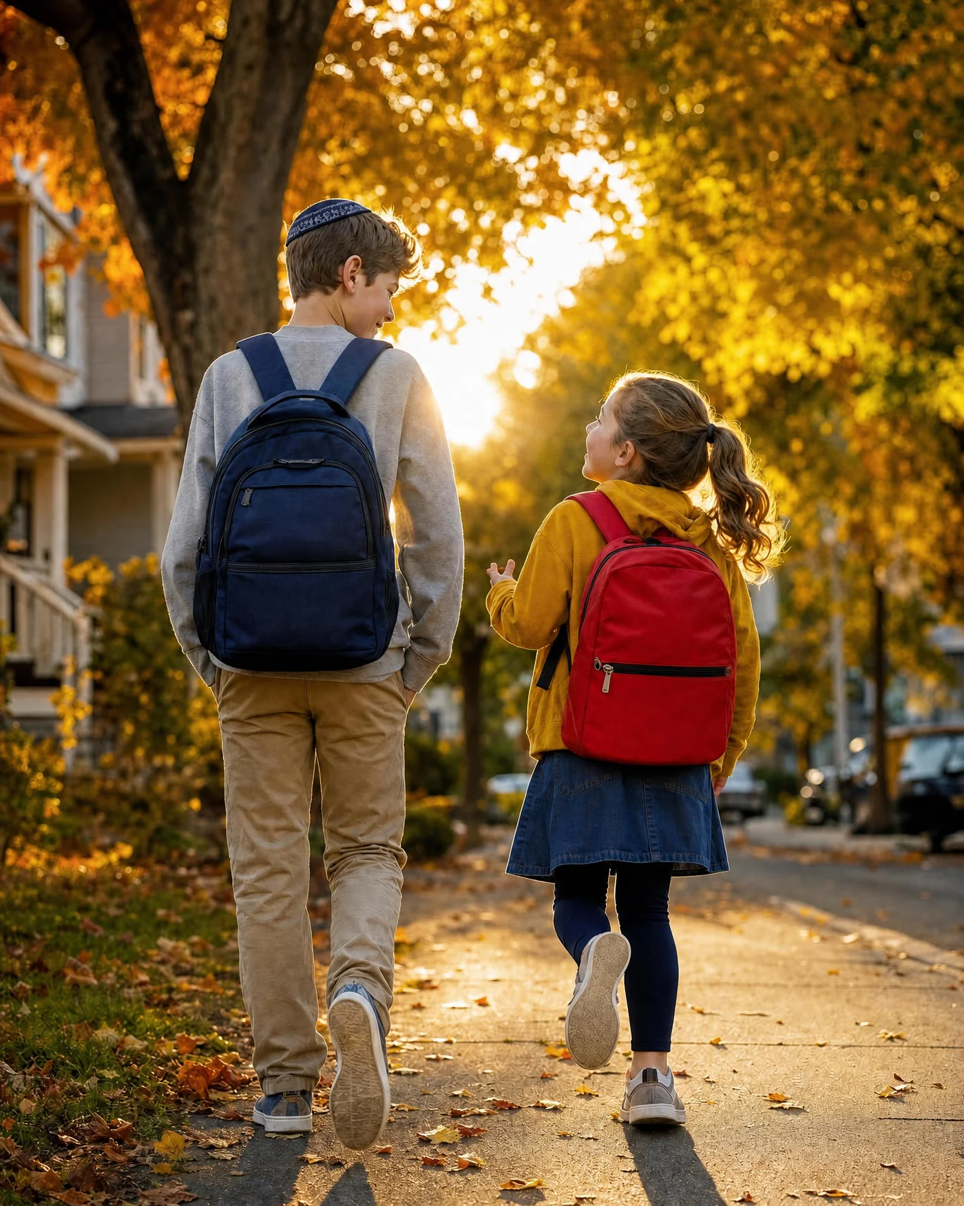 A brother and sister with backpacks walking home from school along an autumn street